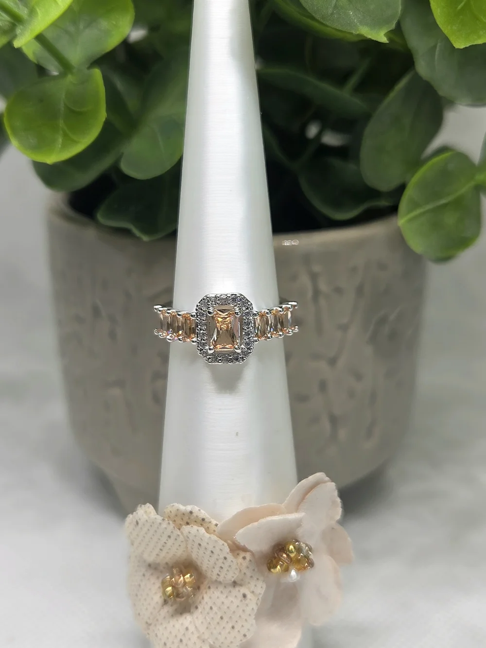 BP Peach Morganite Halo Ring On Rhodium Plating